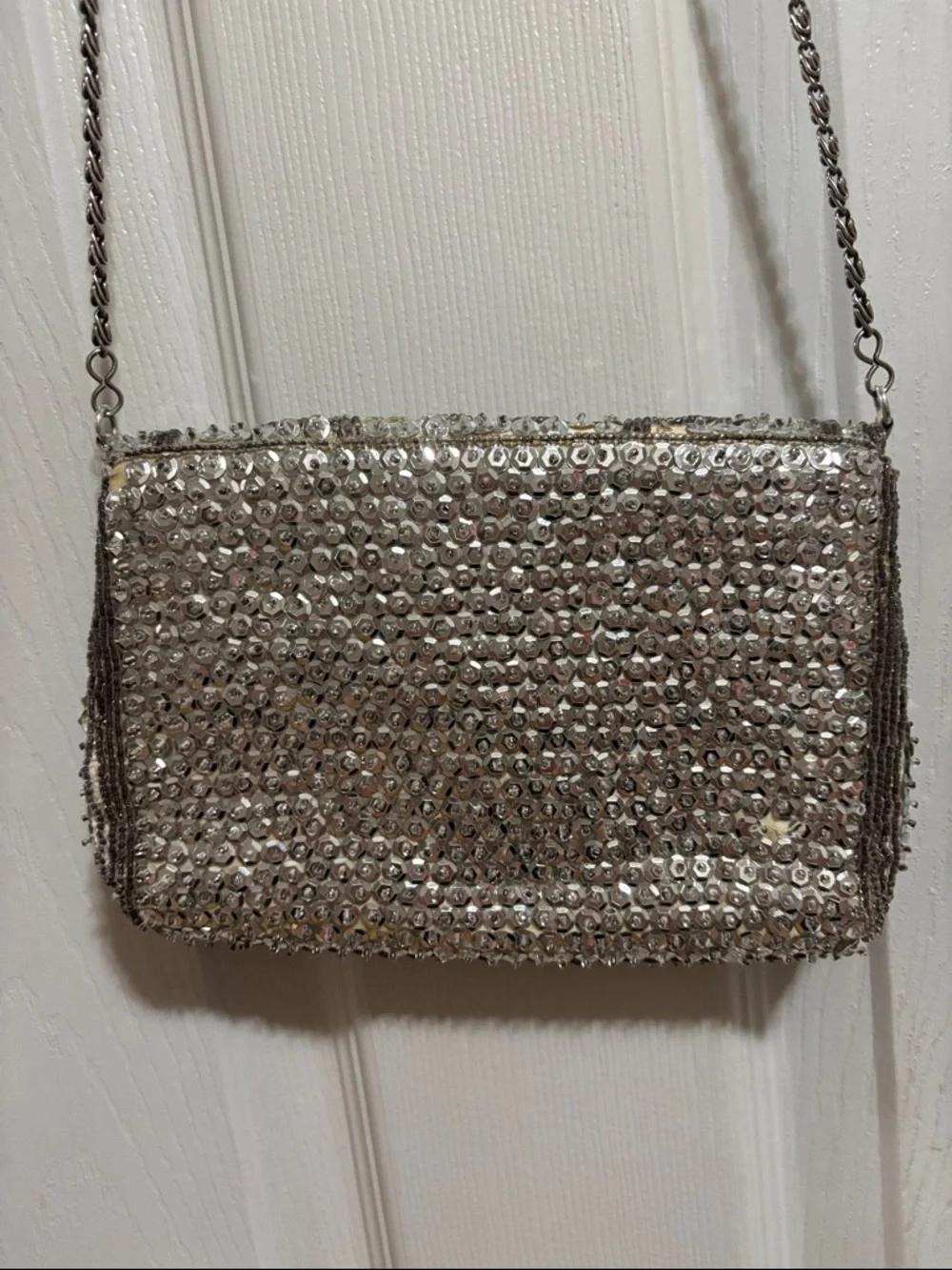 Silver Sequin Floral Evening Crossbody Bag